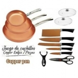 3 SARTENES 2 TAPAS CUCHILLOS TIJERAS COLOR COBRE APTO HORNO por 29,95 €